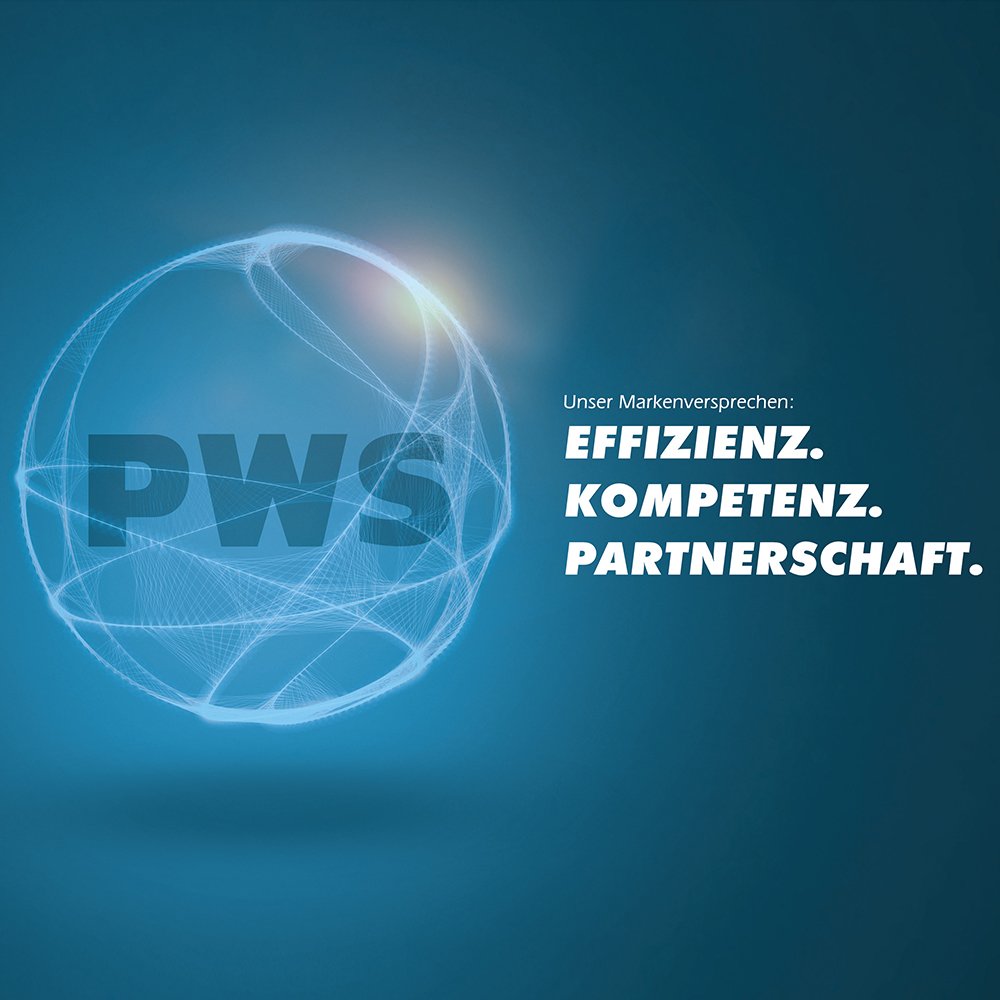 Das PWS Logo in einer Kugel mit dem Slogan: Effizienz. Kompetenz. Partnerschaft.