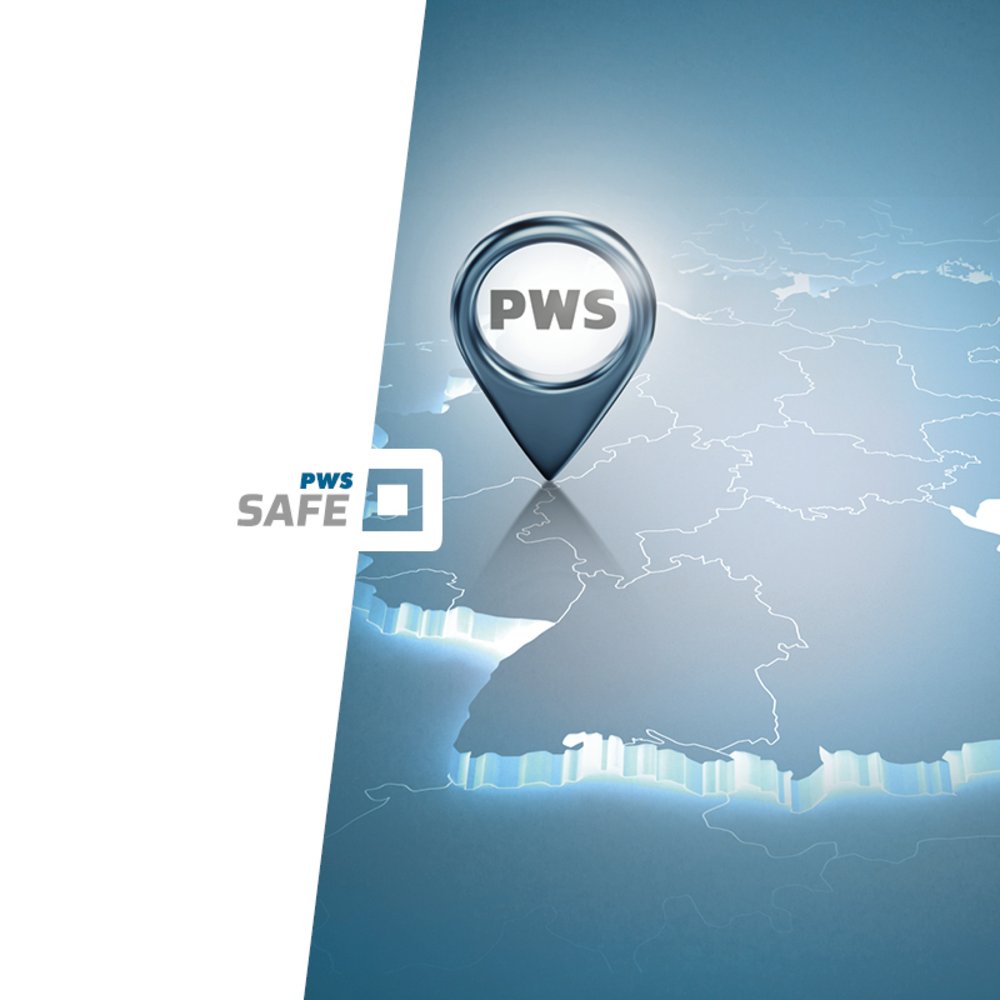 Die Umrisse von Deutschland mit einem PWS-Icon und dem Schriftzug PWS Safe.