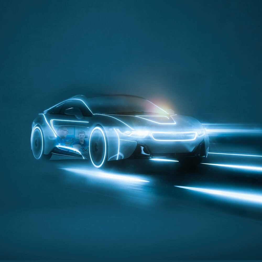 A computer animation of a car with light stripes.