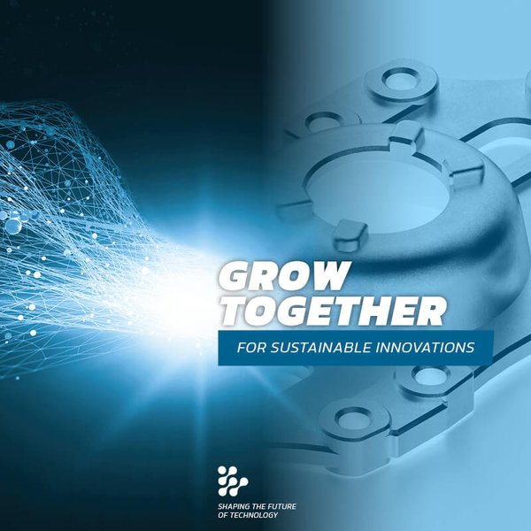Collage aus einem Netz und einem Werkstück aus Metall mit der Aufschrift Grow Together for sustainable Innovations.